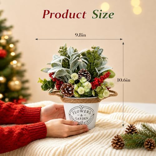 Christmas Table Decor with Metal Pot, Winter Xmas Centerpieces for Tables - Image 2