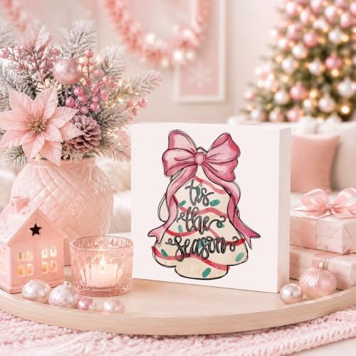 Pink Christmas Decor, Christmas Decorations Indoor, Coquette Bow Xmas Tree Cakes Sign Gift for Women Friends, Rustic Farmhouse Wooden Box Sign for Home Office Bedroom Desk Decor 5x5 Inches - Image 3