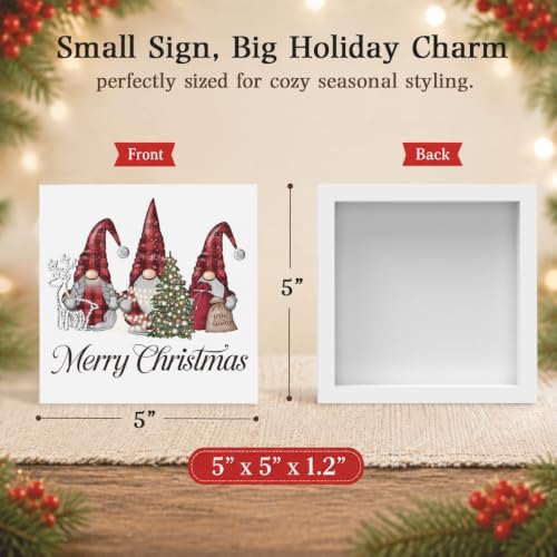 Christmas Decorations, Christmas Gnomes Decorations Indoor, Red Glitter Xmas Tree Sign Gift for Women Friends, Rustic Wooden Box Sign for Home Shelf Office Bedroom Desk Decor 5x5 Inches - Image 2