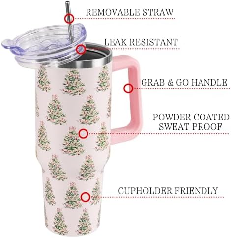 Christmas Tumbler with Handle and Straw Lid 40 oz,Cute Pink Merry Xmas Tree Gifts for Women Vacuum Insulated Leak Proof Tumbler,Winter Holiday Accessories Stainless Steel Coffee Cup Mug - Image 3