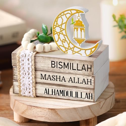 4 Pcs Table Decorations Tiered Tray Decorations Mini Wooden Books Signs for Office Shelf Classroom Tabletop Bookshelf(Ramadan) - Image 2