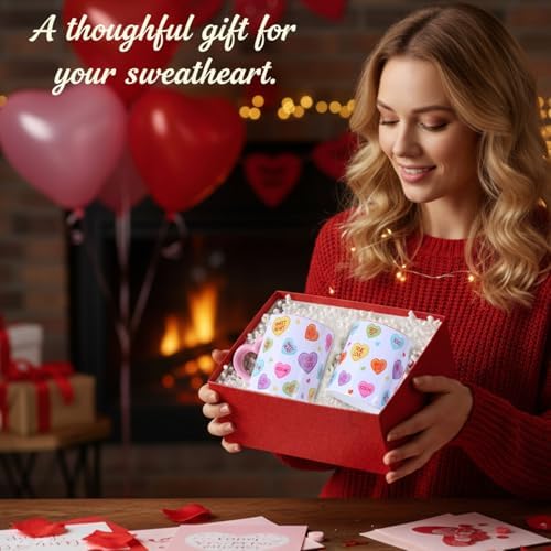 Valentine's Day Coffee Mug Set of 6, 10oz Ceramic Cups with Heart-shaped Handles, Colorful Candy Heart Design, Cute Romantic Gift for Couples, Friends, Party, Kitchen & Home Decor - Image 5