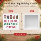 Christmas Bathroom Decor, Funny Dogs Christmas Decorations, Bow Santa Hat Bathroom Table Decoration They See You When You're Pooping Wooden Box Sign, Home Shelf Desk Decor for Toilet 5x5 Inches - Image 2