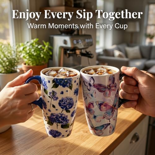 Topadorn 17oz Ceramic Travel Mugs Set of 2 with Lids, Butterfly Floral Set - Image 2