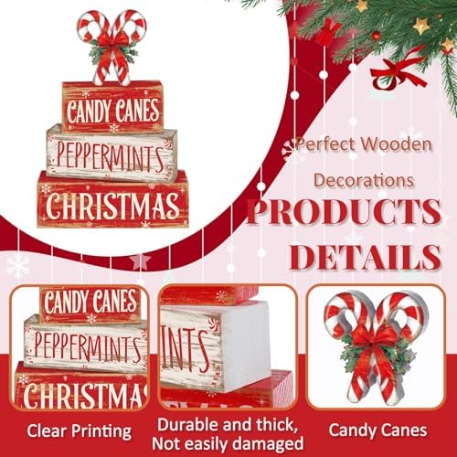 Moucuny 4 Pcs Christmas Candy Cane Table Decor Xmas Wooden Block Signs - Image 3