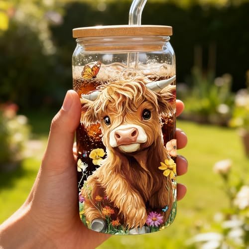 Highland Cow Gifts Women 16oz Drinking Glass Cups with Lid Straws - Image 4