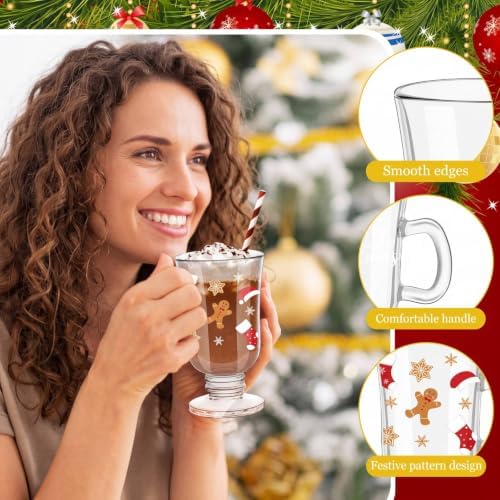 Sliner Set of 12 Christmas Glass Coffee Mugs with Handle 8 oz Clear Irish Coffee Mugs Footed Irish Glasses Xmas Glasses Winter Holiday Cups for Beverages Latte Hot Chocolate - Image 3