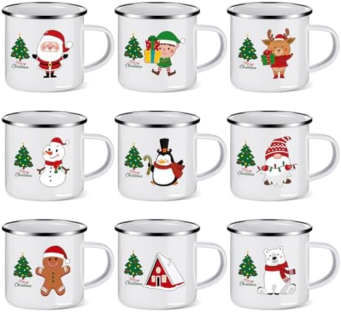 Christmas Enamel Mug Set of 9, 12 oz Hot Cocoa Mini Coffee Mugs Bulk, Novelty Holiday Set, Stocking Stuffer Gift for Kids, Women, Friends, Coworkers, Family by NatNarr