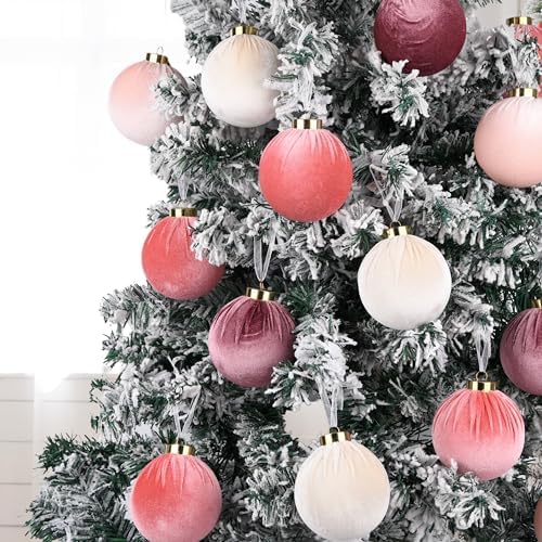 Velvet Christmas Ornaments Balls for Tree - 15pcs Pink Christmas Ornaments Shatterproof for Xmas Decorations - Multicolor Pink & Beige 80mm 3.15inch - Image 6