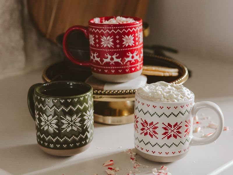 Sweet Water Decor Beige Fair Isle Coffee Mug, 14oz Stoneware Christmas Cup - Image 5