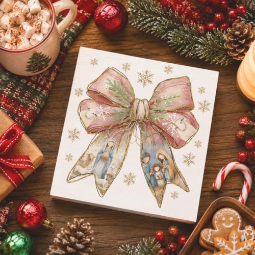 Pink Christmas Decor, Christian Christmas Decorations Indoor, Glitter Bow Nativity Scene Snowflake Sign Gift for Women Friends, Rustic Wooden Box Sign for Home Office Bedroom Desk Decor 5x5 Inches - Image 4