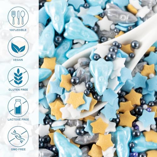 Space Theme Sprinkles Edible Blue Sliver Rocket Stars Sprinkles Galaxy Spacecraft Pearls Sugar Candy for Cookie Decorations Baking Cake Cupcake Topper Decoration 4.2 Ounce - Image 4