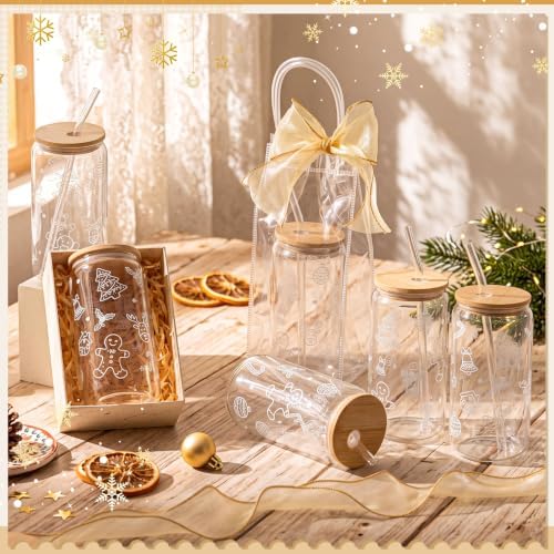 6 Sets 16 oz Christmas Glass Cups with Clear Gift Bag For - Image 2