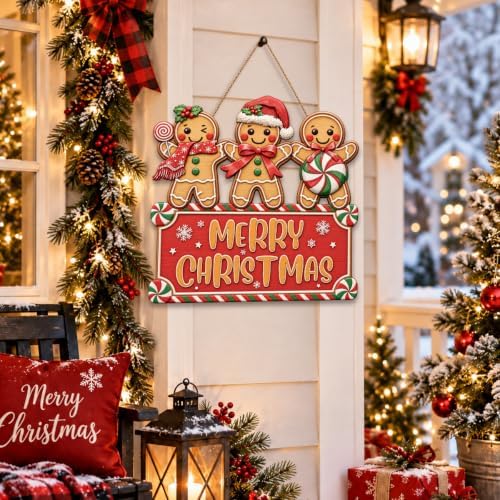 Christmas Decorations Gingerbread Trio Merry Christmas Hanging Wooden Sign - Image 4