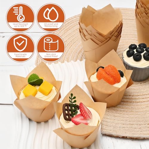 200pcs Natural Tulip Cupcake Liners, Premium Muffin Liners Holders for Baking Cups, Greaseproof Cupcake Wrappers in Standard Size, Classic Parchment Paper Cupcakes Liner by JIRNGLA - Image 4
