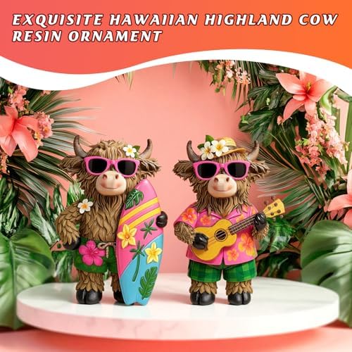 2 Pcs Highland Cow Figurines, Summer Beach Hawaii Decor - Image 2