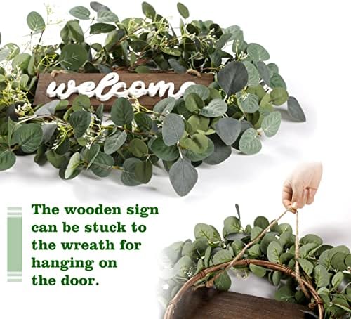 Sggvecsy Green Eucalyptus Leaf Wreath with Welcome Sign 20in Artificial Eucalyptus Wreath Spring Summer Wreath for Front Door Wall Window Farmhouse Festival Porch Patio Garden Decor - Image 6