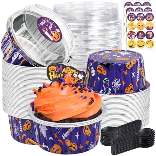 Halloween Mini cake pans with lids, 60Pack Aluminum Mini Baking Cups Purple by ZOXILEN