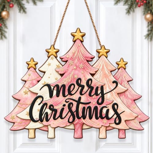 Christmas Decorations Pink Pine Tree Merry Christmas Hanging Wooden Sign by GUDIO