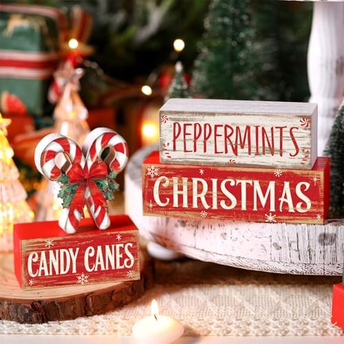 Moucuny 4 Pcs Christmas Candy Cane Table Decor Xmas Wooden Block Signs - Image 4