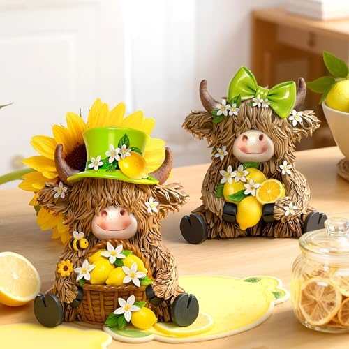 2 Pcs Resin Highland Cow Figurines Decor, Lemon Style - Image 6