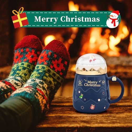 17.6 oz Christmas Mug with Winter Snow Globes Lid Decorations, Large Cute Festive Ceramic Coffee Cup, Winter Xmas Birthday Tabletop Drinkware Teacup Gifts for Adults Kids Men Women (Dark Blue) - Image 6