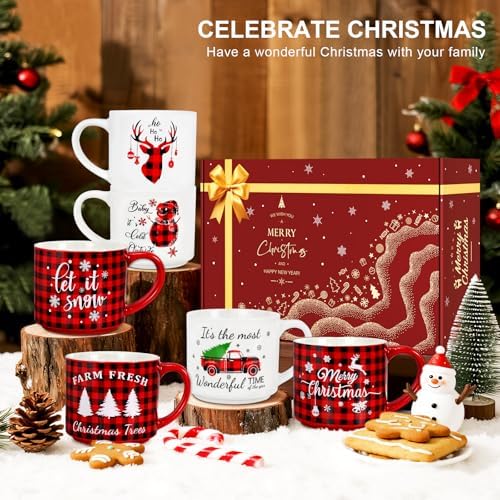 QIKSION 16oz Christmas Coffee Mugs Set of 6, Large Hot Chocolate Mugs, Holiday Cocoa Ceramic Mug Gift Set for Family, Friends and Colleagues(Red Black Plaid, White) - Image 7
