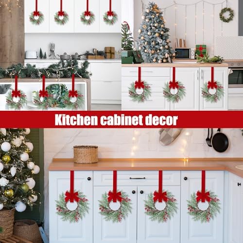 Sggvecsy 6 Pcs Christmas Mini Cabinet Wreaths Norfolk Pine Wreath with Ribbon Bows Red Berry Artificial Small Kitchen Wreath for Window Front Door Farmhouse Wall Pillars Xmas Decorations - Image 4
