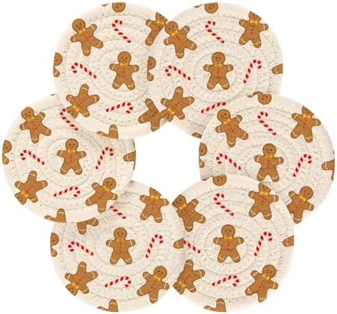 YETTASBIN Christmas Gingerbread Man 6 Pcs Drink Coasters with Holder, Cotton Woven Absorbent Heat-Resistant Round Coaster Set Tabletop Protector for Kitchen Bar Home Decor Housewarming Gift, 3.9 in - Image 2