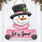 Christmas Decorations Winter Pink Snowman Hanging Wooden Front Door Sign by GUDIO