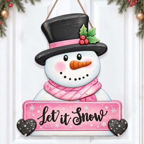 Christmas Decorations Winter Pink Snowman Hanging Wooden Front Door Sign by GUDIO