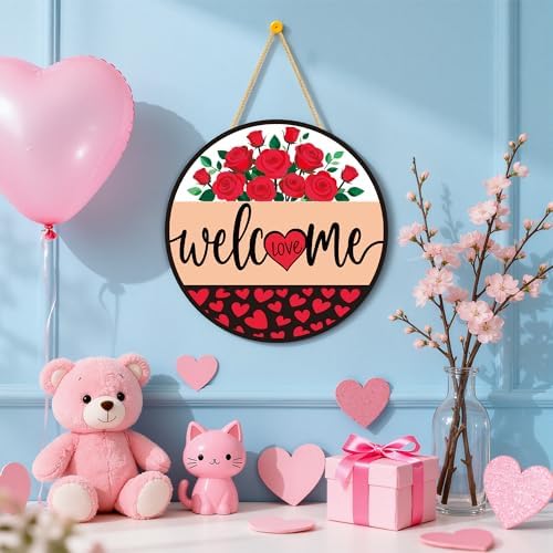 Valentines Day Decorations - Wreath Welcome Sign for Front Door | Rustic Round Wood Wreaths,Heart Rose Garland Outdoor Indoor - Valentines Decor Party Favors Supplies for Door Wall Room Porch Kitchen - Image 5
