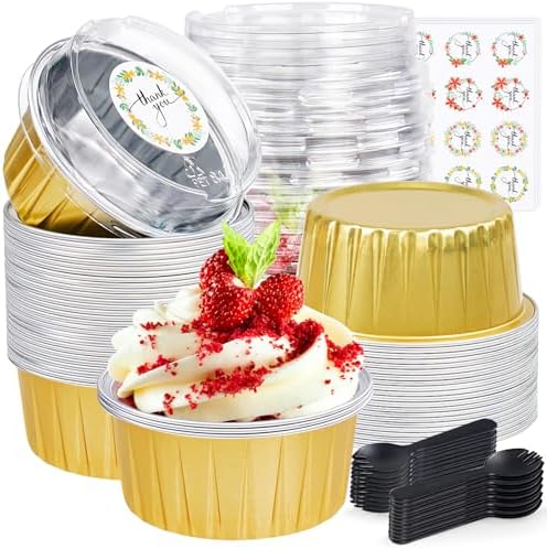 30Pcs Mini Cake Pans with Lids Aluminum Foil, ZOXILEN 5oz Disposable Mini Loaf pans with Lids Spoons, Round Small Baking Cups Pie Tins Cheesecake Containers for Party Gold by ZOXILEN