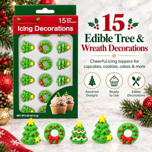 Oasis Supply Christmas Trees & Wreaths Edible Icing Decorations – 15 Count – Holiday Cake & Cupcake Toppers for Cookies, Cakes, Cupcakes & Desserts - Image 2