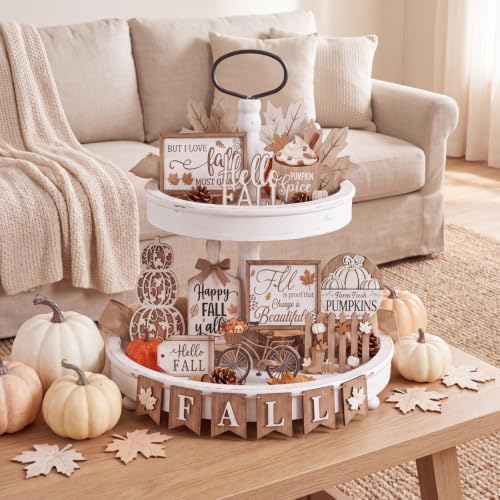 Shellwei 20 Pcs Thanksgiving Tiered Tray Decor Set, Neutral Autumn Sign - Image 6