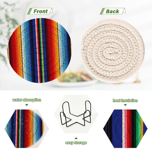 YETTASBIN Mexican Blanket Stripes 6 Pcs Drink Coasters with Holder, Cotton Woven Absorbent Heat-Resistant Round Coaster Non-Slip Table Mat for Kitchen Bar Home Decor Housewarming Gift, 3.9 in - Image 4