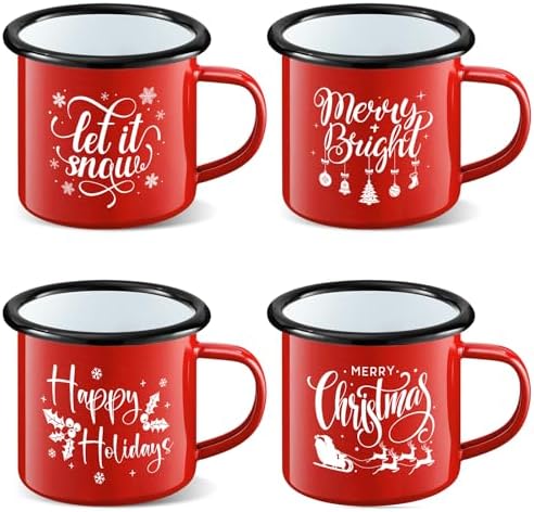 Christmas Enamel Mug Set of 4, 12 oz Hot Cocoa Mugs Christmas Coffee Mugs with Quotes Holiday Mus Stocking Stuffer Xmas Gift for Kids Women Friends Coworkers Family(Red&Quotes) by NatNarr
