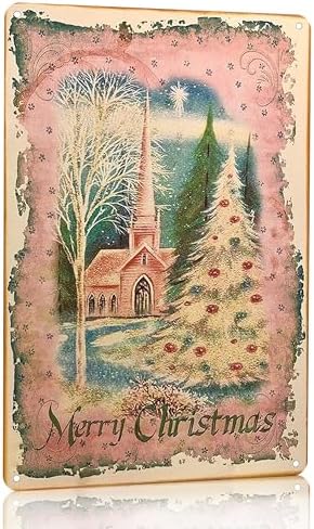 Artlunar Vintage Xmas Decor Rustic Pink Christmas Church Merry Christmas Tin Sign for Home Farmhouse Kicthen Cafe Bar Wall Decor 8 x 12 Inch (3250) by Artlunar