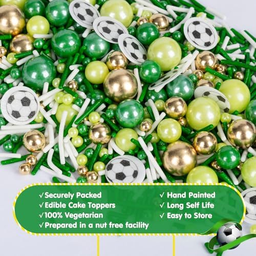 Edible Soccer Sprinkles for Cake Decorating,Food Grade 130g,Baking Sprinkle Mix for Sports & Football Theme Party,Green Gold White Pearls and Jimmies with Soccer Wafer Paper Toppers,for Cupcakes,Ice Cream,Cookies,Donut,Cake Decorations,Match Viewing Ev... - Image 6