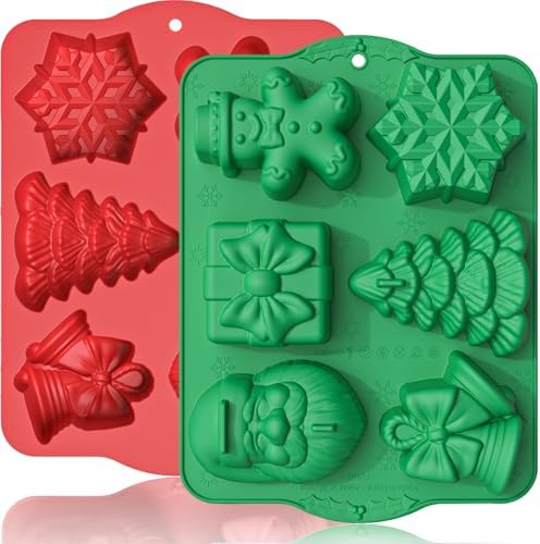 HKNMTT Large Christmas Silicone Molds for Baking Cake Muffins Oven Safe Freezing Soap Candle Cocoa Bomb Food Grade Tray, Deep Snowflake Tree Santa Gingerbread Gift Bell 6 Holiday Shapes Mould 2PCS by HKNMTT