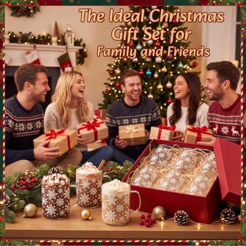 6 Pcs Christmas Glass Mugs with Handle Winter Xmas Coffee Mugs, Snowflakes - Image 4