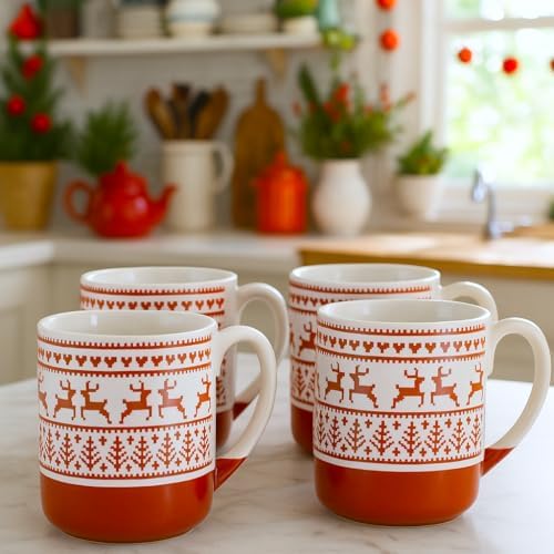 10 Strawberry Street Embossed Reindeer Ceramic Mug, Set of 4 (Red), S4MUG-XMAS - Image 2