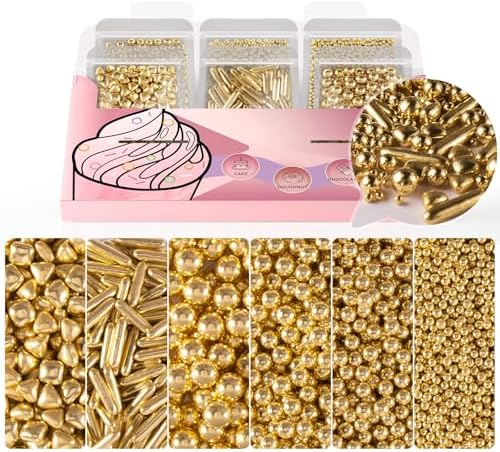 HUEBEATY® 6-in-1 Metallic Gold Dragees Sprinkles for Cake Decorating, Cupcakes & Cookies | 180g/6.36oz | Birthdays, Weddings, Holiday, Christmas Fancy Gold Cake Candy Pearls Sprinkles and Decorations by Unknown