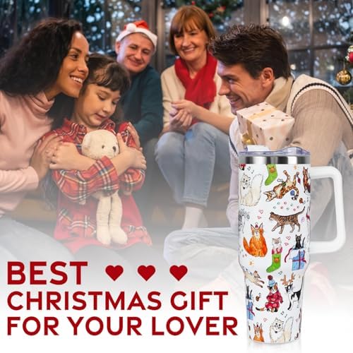 Christmas Tumbler with Handle and Straw Lid 40 oz,Cute Merry Xmas Cat Lovers Gifts for Women Vacuum Insulated Leak Proof Tumbler,Winter Holiday Accessories Stainless Steel Coffee Cup Mug - Image 7