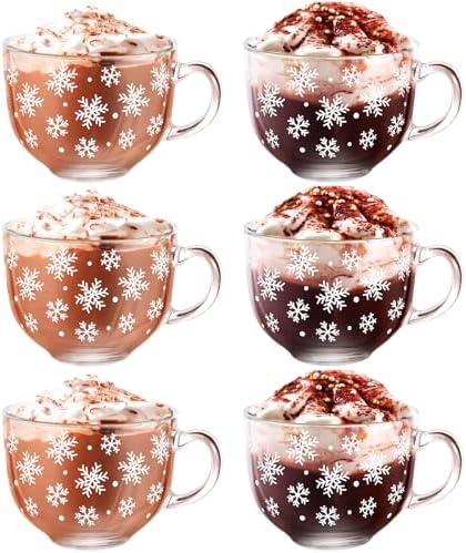 Sliner Set of 6 Christmas Glass Coffee Mugs with Handle, 16 oz Clear Irish Coffee Mugs Footed Irish Glasses Christmas Glasses Winter Holiday Cups for Beverages Latte Hot Chocolate(Snowflake) by Sliner