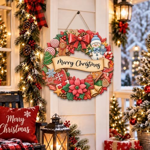 Christmas Decorations Gingerbread Snowman Merry Christmas Wreath Wood Sign - Image 4
