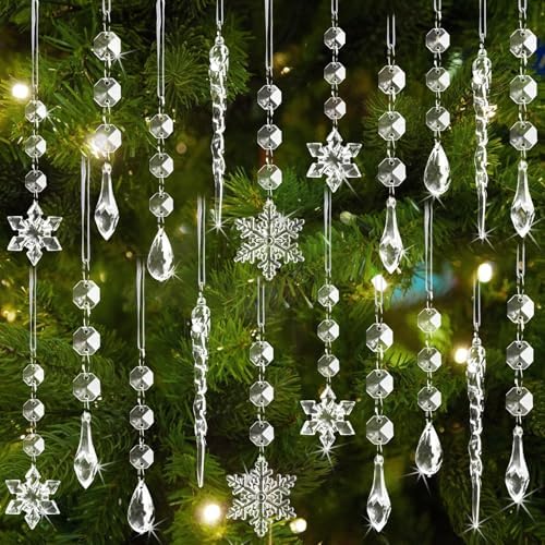 Crystal Christmas Tree Ornaments, Clear Acrylic Snowflake & Icicle, 80pcs by OuMuaMua