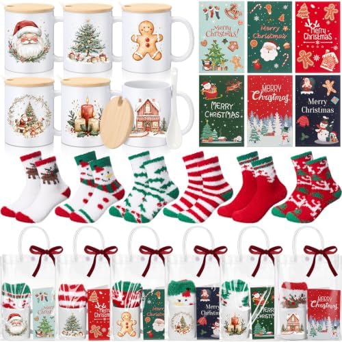 Meanplan 6 Set Christmas Mugs Gift Bulk, Fuzzy Socks Cards Bags, Vintage by Meanplan