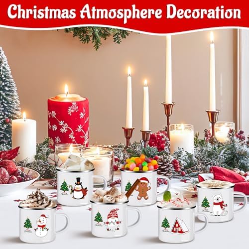 Christmas Enamel Mug Set of 9, 12 oz Hot Cocoa Mini Coffee Mugs Bulk, Novelty Holiday Set, Stocking Stuffer Gift for Kids, Women, Friends, Coworkers, Family - Image 5