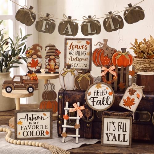 Shellwei 20 Pcs Thanksgiving Tiered Tray Decor Set, Fall Wooden Table Sign - Image 3